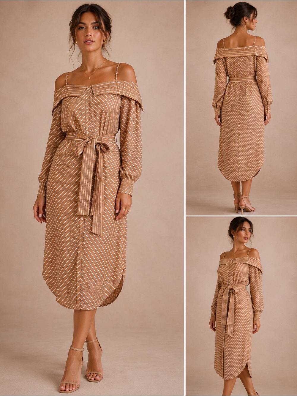 Maje Camel Off-Shoulder Striped Midi Dress